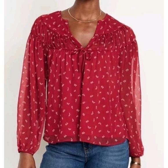 Old Navy Tops - Old Navy Womens L Red Chiffon Ditzy Floral Sheer Lined Long Sleeve Peasant Top